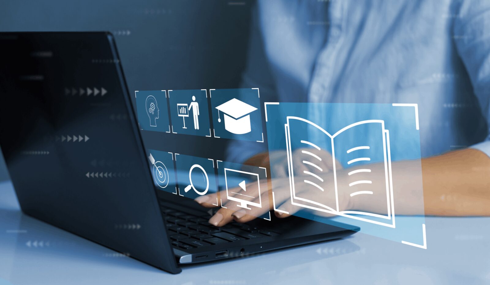 A person uses a laptop with digital icons representing online education and vet compliance.