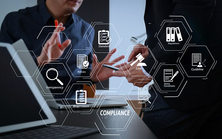 Business professionals discuss legal compliance concepts, ensuring vet standards are met.