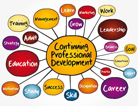 Colorful bubbles illustrate concepts of continuing professional development and career growth within vocational education.